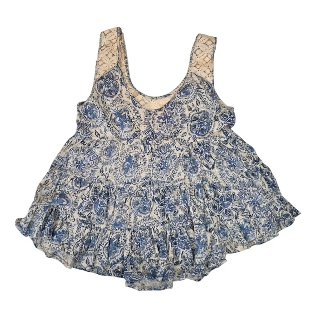 Free People Women's Medium Tank Top‎ Blue White Floral Lace Tiered Linen Blend